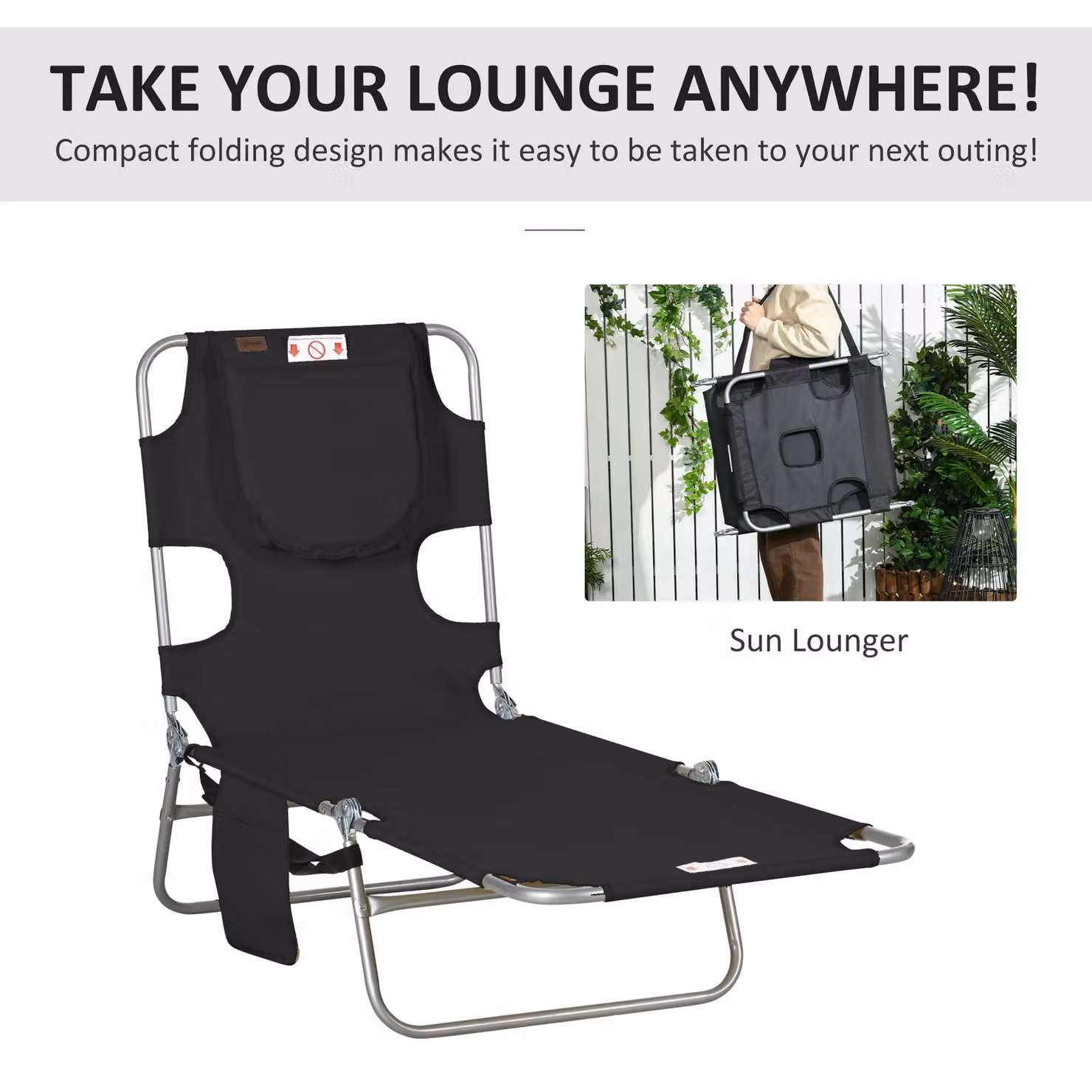 Outsunny Black Textilene Sun Lounger with Adjustable Headrest and Powder Coated Steel Frame, W/D/H: 120 x 55 x 88 cm – 6
