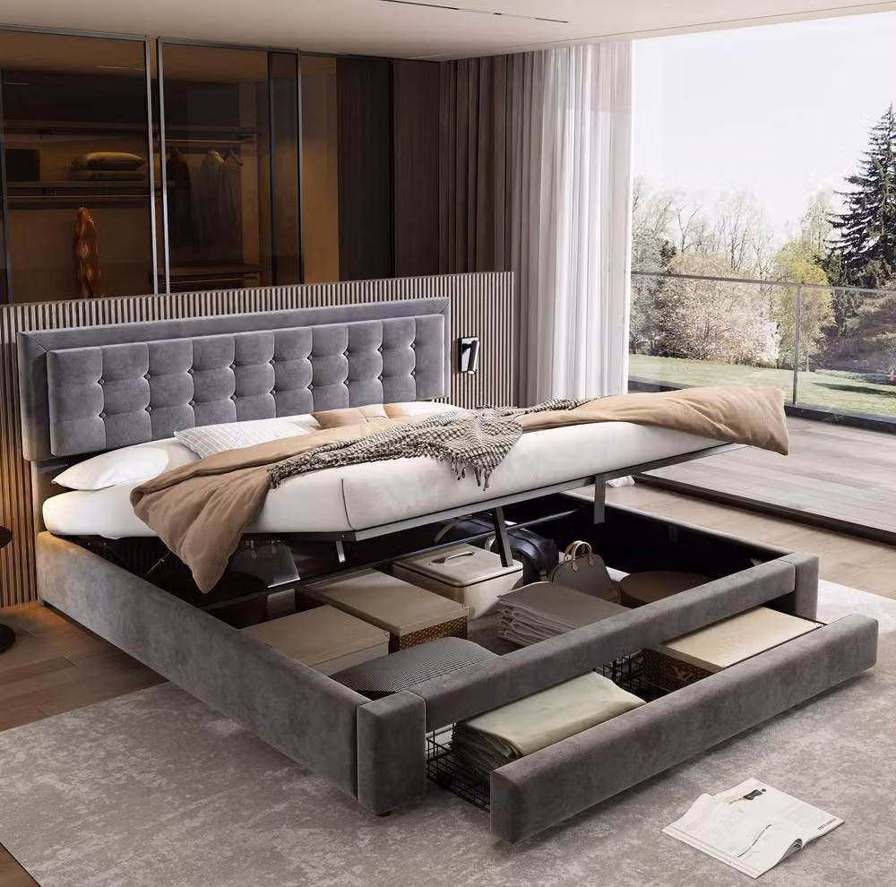 STILVORA Super King Upholstered Bed with Lift Up Storage, Grey Velvet, 200 x 200 cm – 4