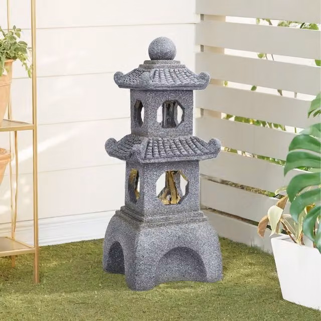 Lifeideas Grey Oriental Solar Pagoda Cascade Fountain with LED Lights