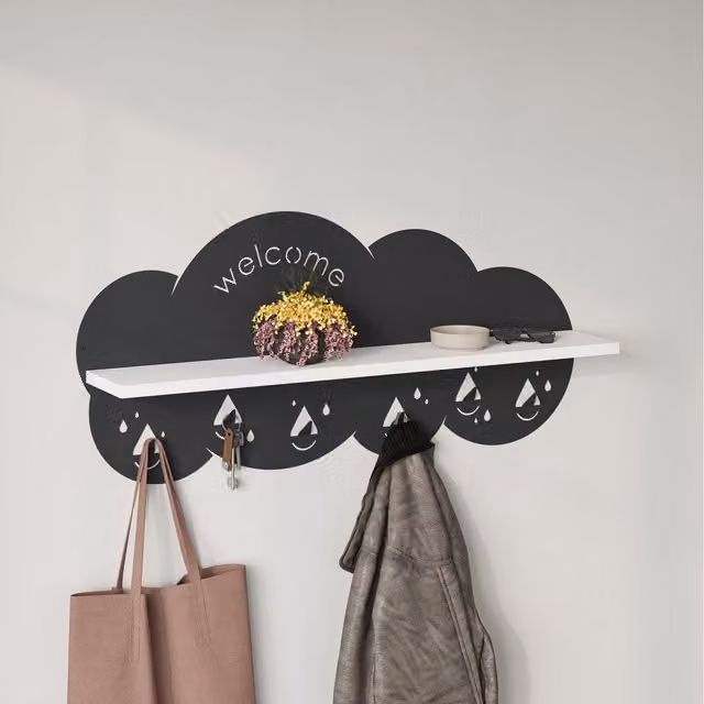 Decortie Cloudy Cloud-Shaped Wall Mounted Shelf and Coat Hanger with 6 Hooks for Kids Hallway, White – 1