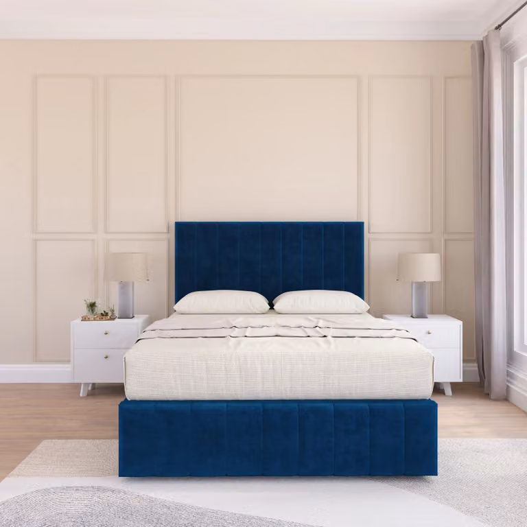 Sloomy California Divan Bed Base in Navy Blue Velvet with 54 inch Floor Standing Chesterfield Headboard and 12 inch Footboard, W/D/H: 180 x 200 cm