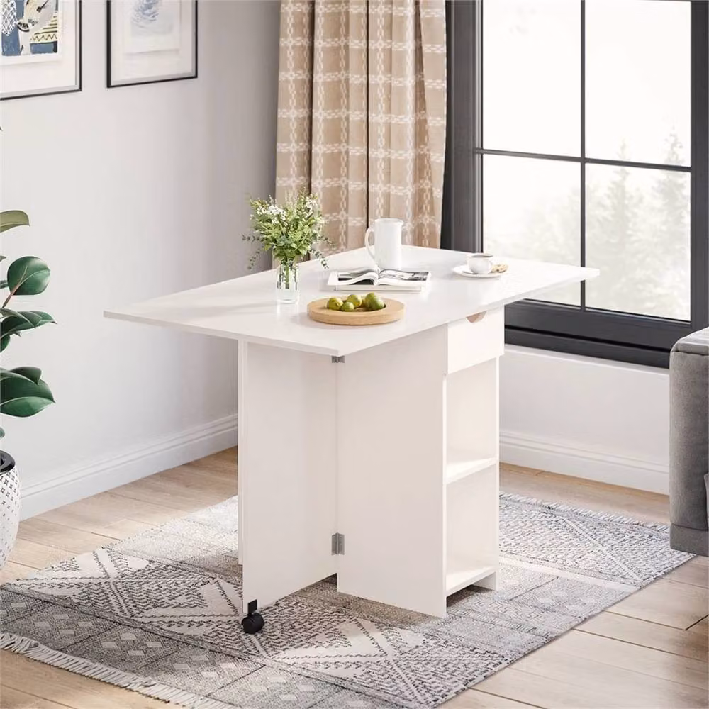 EONLION White Folding Drop Leaf Dining Table with Castors, W: 100 cm, H: 75 cm, D: 72 cm – 2