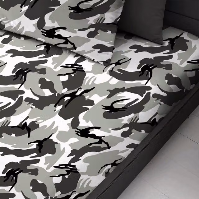 Velosso Military Style Camouflage Fitted Sheet, Grey, Polycotton, W: 140 cm, L: 200 cm