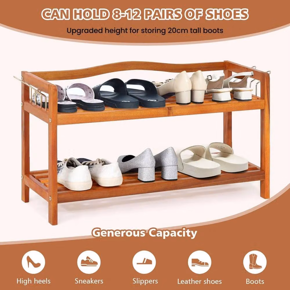 NESTLUNE 2-Tier Solid Acacia Wood Shoe Rack with Side Metal Hooks in Brown, W/D/H: 100 x 42 x 100 cm – 4