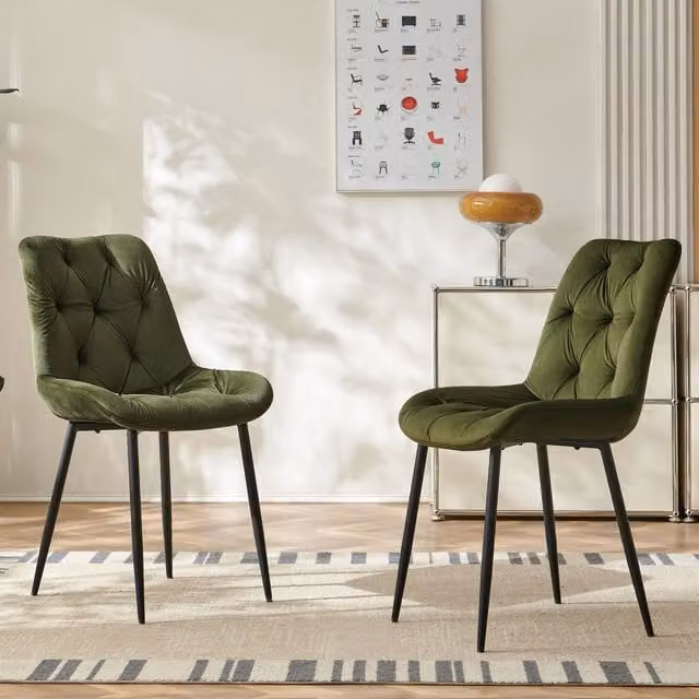 SONARA Modern Set of 2 Green Velvet Dining Chairs with Ergonomic Upholstered Seats and Metal Legs