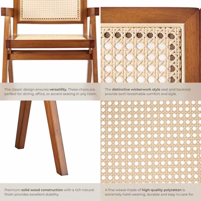 TECTAKE Mid-Century Dining Chair with Rattan Backrest and Oak Wood Frame in Black and Brown, Height: 82.5 cm