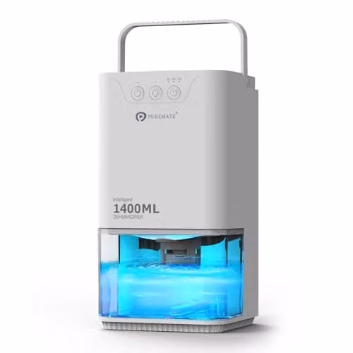 PureMate 1400ml Portable Mini Electric Dehumidifier in White with Colourful LED Lights – 1