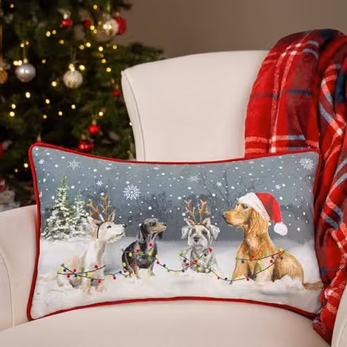 Evans Lichfield Christmas Dog Velvet Piped Rectangular Cushion, Multicolour, W: 50 cm, H: 30 cm – 2
