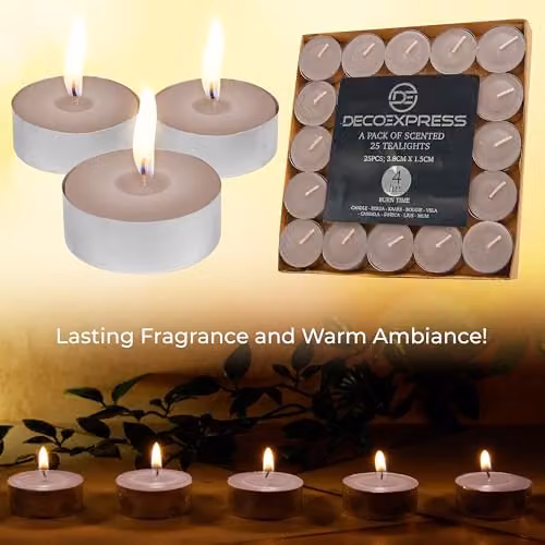 Deco Express Log Fire Scented Tealight Candles, Beige, 25 Pack – 6
