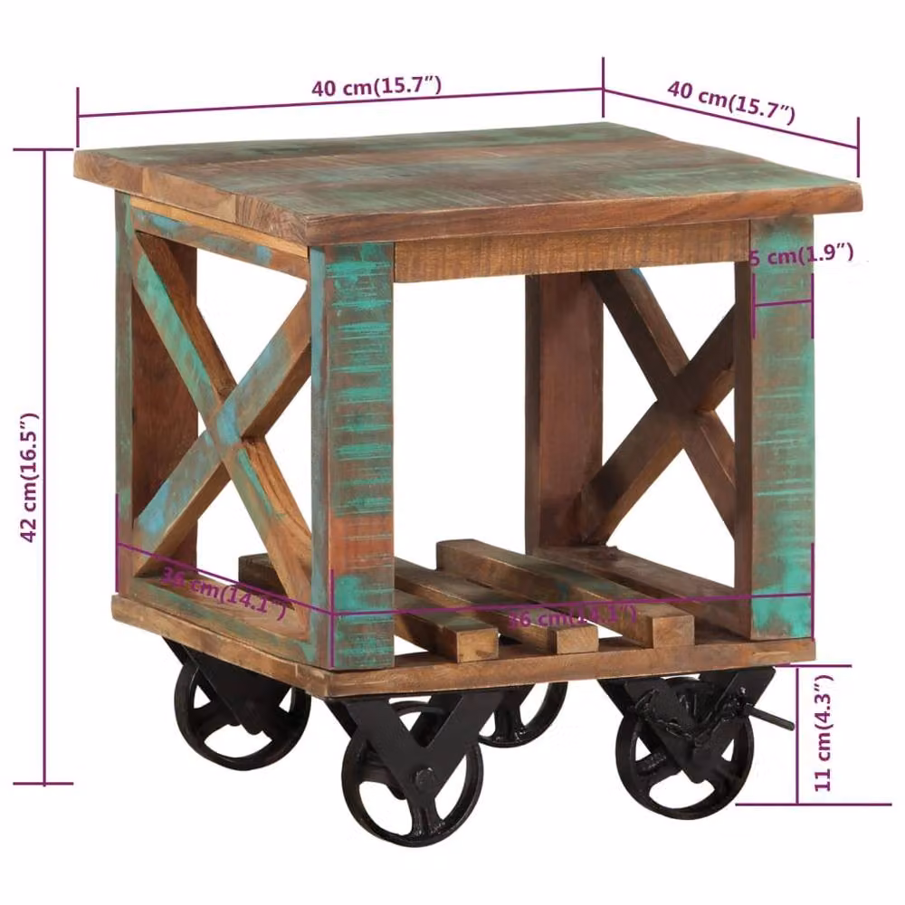 Berkfield Home Industrial Side Table with Castors in Brown and Multicolour, Solid Reclaimed Wood, W/D/H: 40 x 40 x 42 cm – 5