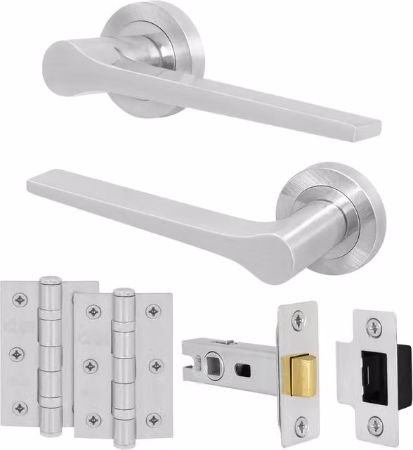 AFIT Satin Nickel Door Handle Latch and Hinge Set in Silver Aluminium