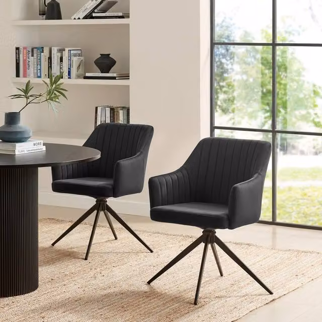 FurnitureboxUK Calla Black Velvet Swivel Dining Chairs, Set of 2