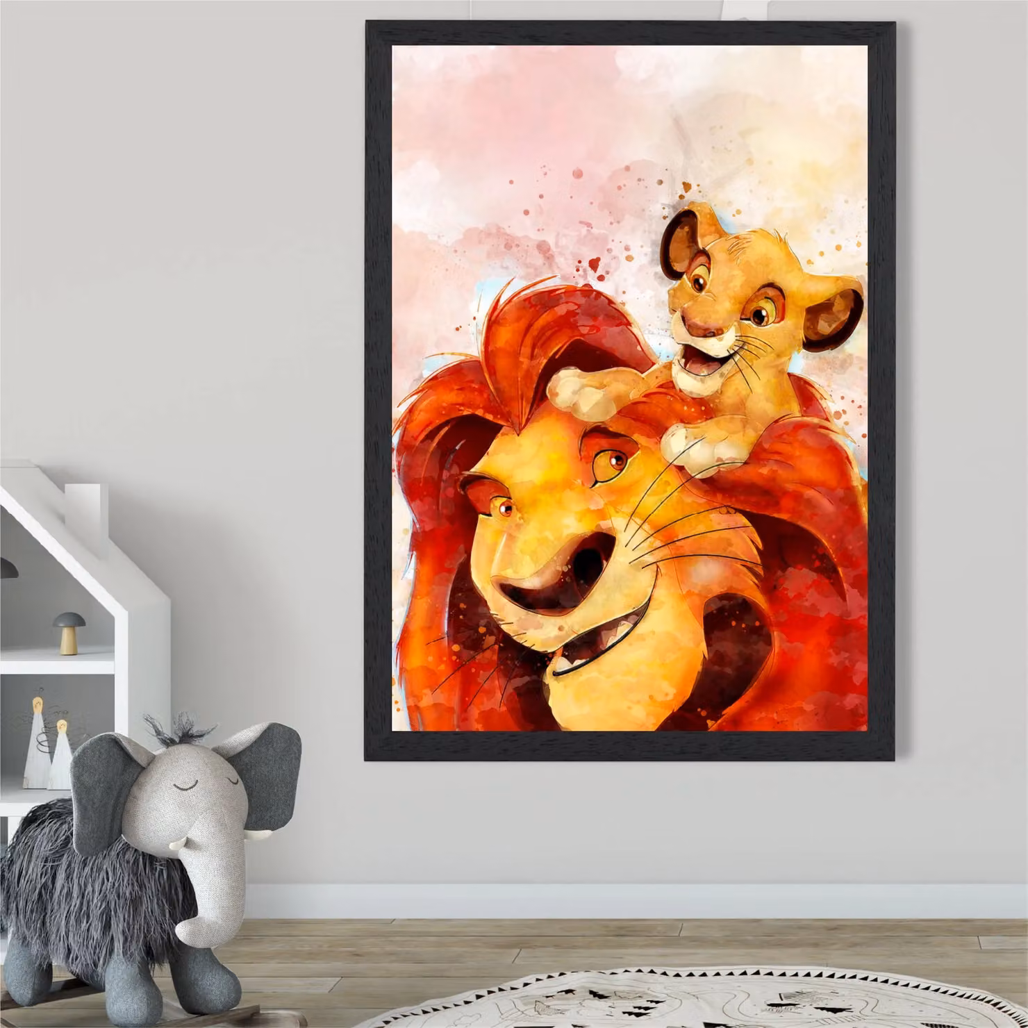 ARTZE Mufasa and Simba Lion King Watercolour Framed Print, Red and Black, A2 – 2