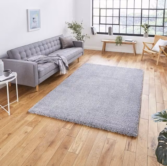 Terrys Modern Plain Rectangular Shaggy Rug in Grey, Stain Resistant Polypropylene