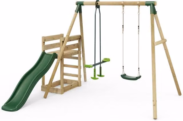 Rebo Wooden Double Swing Set with Glider and Slide in Green