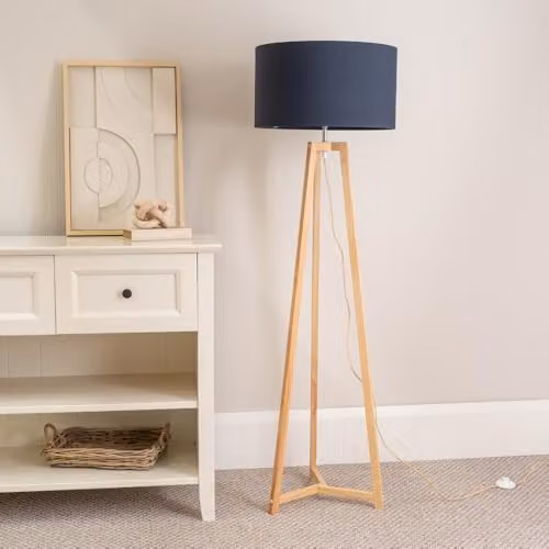 ValueLights Natural Wood Tripod Floor Lamp with Blue Fabric Drum Shade, H 148 cm x W 45 cm x D 45 cm – 2