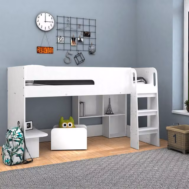 Kidsaw Ltd Kids Single Mid Sleeper Bed with Desk, Cube Toybox and Stairs in White