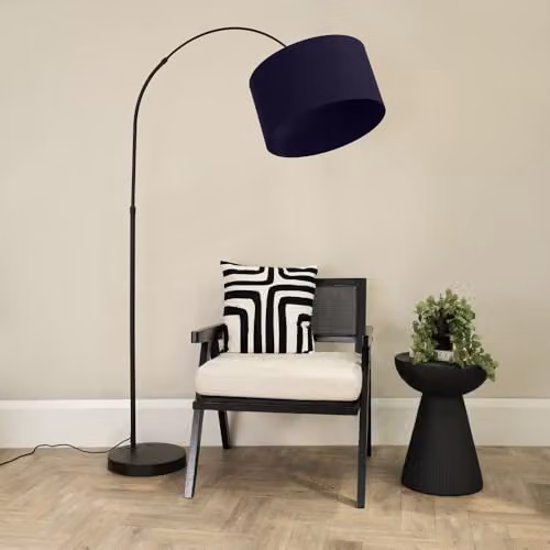 ValueLights Louis Black Metal Arched Floor Lamp with Navy Blue Fabric Drum Shade, H 180 cm x W 105 cm x D 45 cm – 2