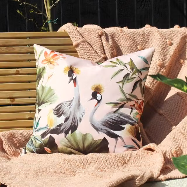 Cranes Floral Outdoor Filled Square Cushion, Pink and Green, W/D/H: 43 x 43 x 43 cm