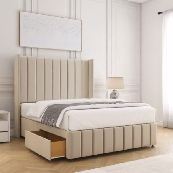 BSSPOKE Zoe Double Divan Bed with 54 inch Headboard and 2 Drawers in Beige Plush Velvet, W/D/H: 140 x 200 cm