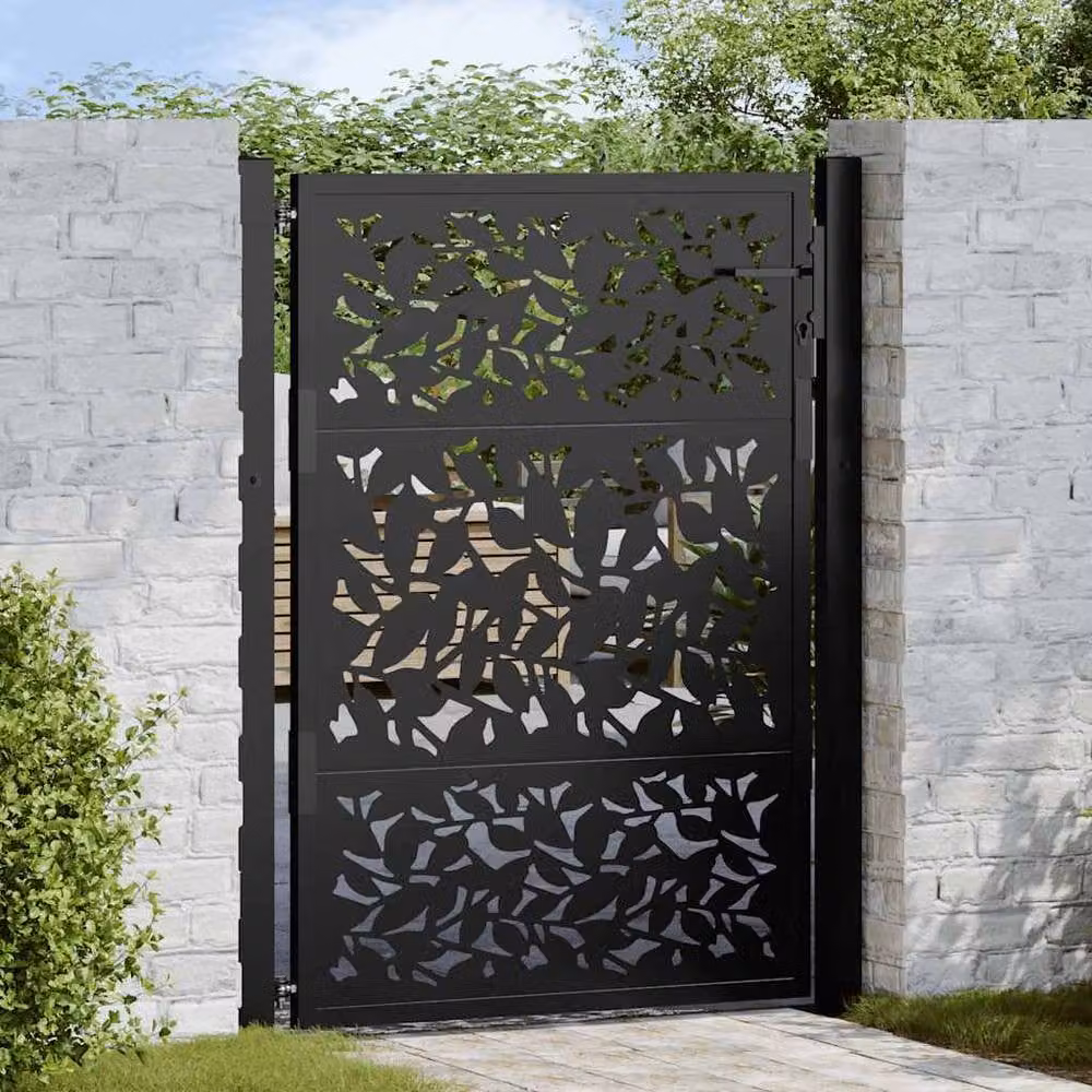 Berkfield Home Steel Garden Gate with Leaf Design in Black, W: 105 cm, H: 130 cm – 2