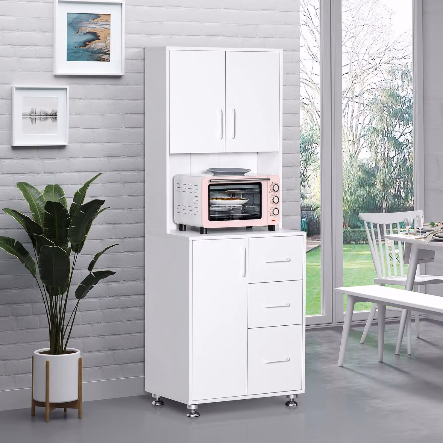 HOMCOM Modern White Kitchen Cupboard with Storage Cabinets and 3 Drawers – 2