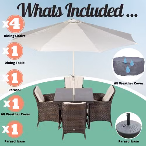 Giardino Savannah 4 Seater Rattan Garden Dining Set with Parasol and Cover in Brown, W/D/H: 90 x 90 x 74 cm – 3