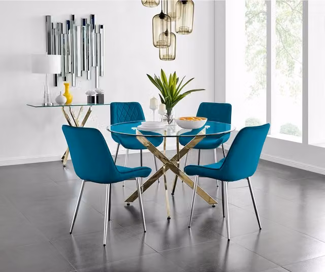 FurnitureboxUK Novara Gold Round Glass Dining Table and Four Pesaro Silver Leg Blue Upholstered Chairs