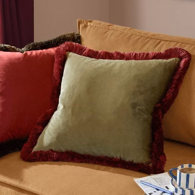 Furn Halo Fringed Velvet Cushion in Green, W/D/H: 50 x 50 x 50 cm