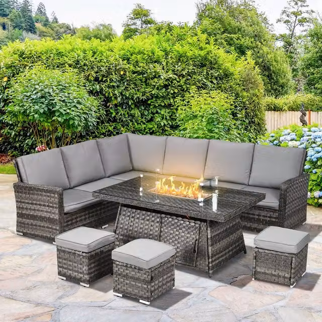 Outsunny 7 Piece Grey Polyrattan Garden Furniture Set with U-Shape Corner Sofa, Ottomans and Outdoor Coffee Table – 1