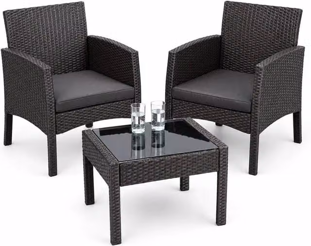 NESTLUNE G-0237 Black Rattan Bistro Set with 2 Chairs and Glass Table