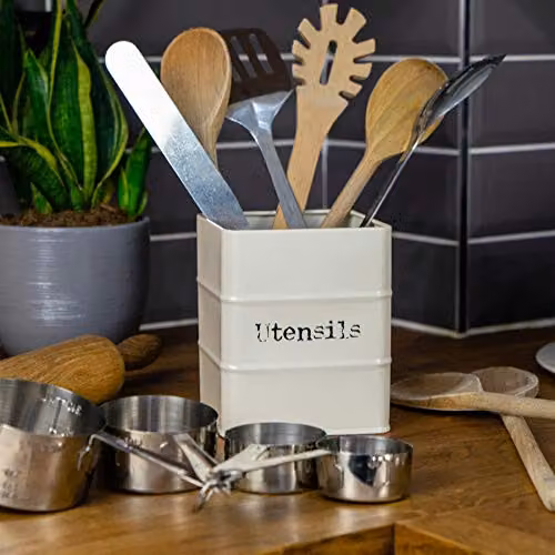 Harbour Housewares Metal Kitchen Utensil Holder in Beige and White, W/D/H: 13.5 x 11.5 x 11.5 cm – 2