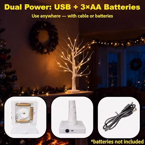 Shatchi White Twig Tree with 24 Warm White LEDs, H 60 cm x W 10 cm x D 10 cm – 3