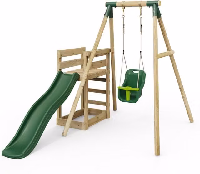 Rebo Pluto Wooden Single Swing Set with Baby Seat and Slide in Green