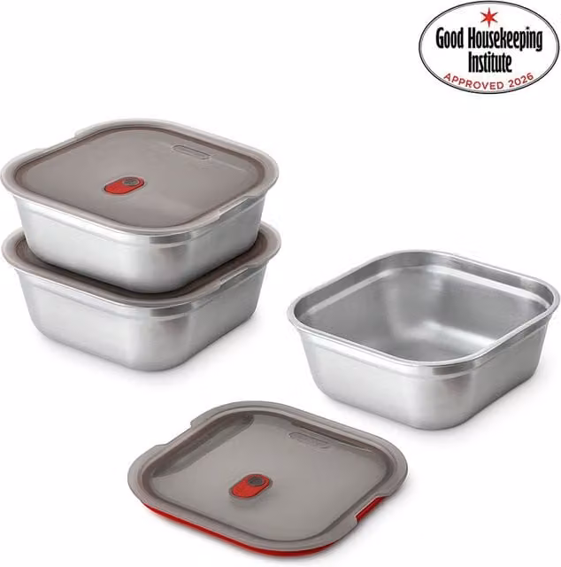 Black + Blum Set of 3 Stainless Steel Airtight Food Boxes, 600ml, Grey and Red