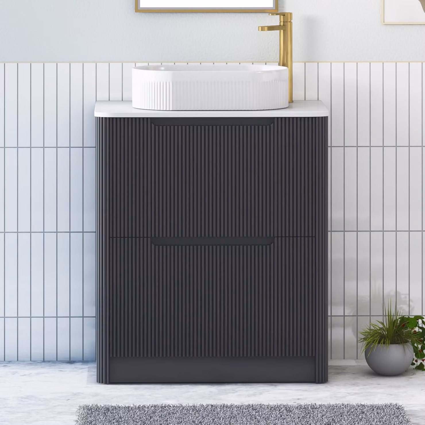 Royal Bathrooms Avenza 600mm Floor Standing Vanity Unit with 2 Drawers, Matt Obsidian Black and Plain White Worktop with Lyon Basin
