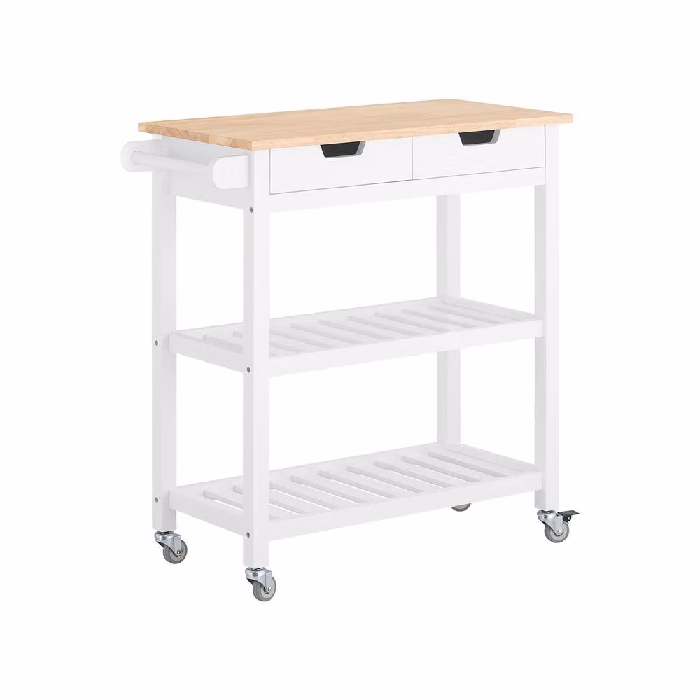 SoBuy Modern Kitchen Trolley with Rubberwood Top in White – 2