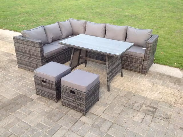 Fimous 8 Seater Rattan Garden Corner Sofa Set with Rectangular Dining Table and Small Footstools in Dark Grey