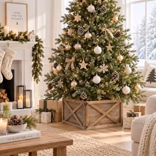 Shatchi Foldable Wooden Christmas Tree Skirt Box in Brown and White, W/D/H: 45 x 43 x 25 cm – 7