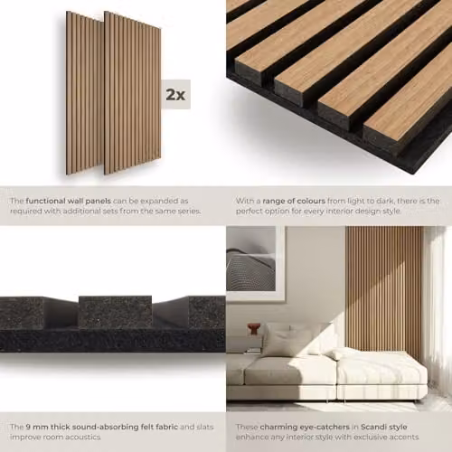 tectake Set of 2 Sound-Absorbing Acoustic Wall Panels with Wood Look and MDF, Brown, W: 120 cm, D: 60 cm, H: 2.1 cm – 4