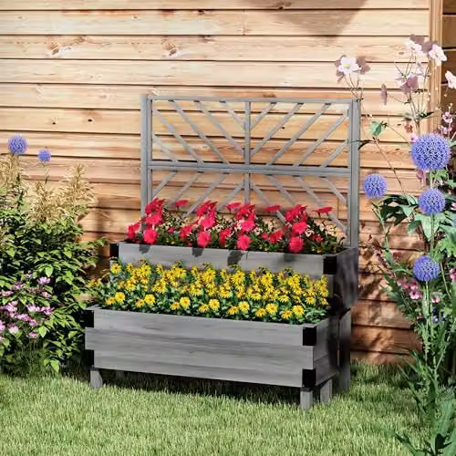 Outsunny 2-Tier Grey Wooden Raised Garden Bed with Trellis, W/D/H: 140 x 62.5 x 108 cm – 2