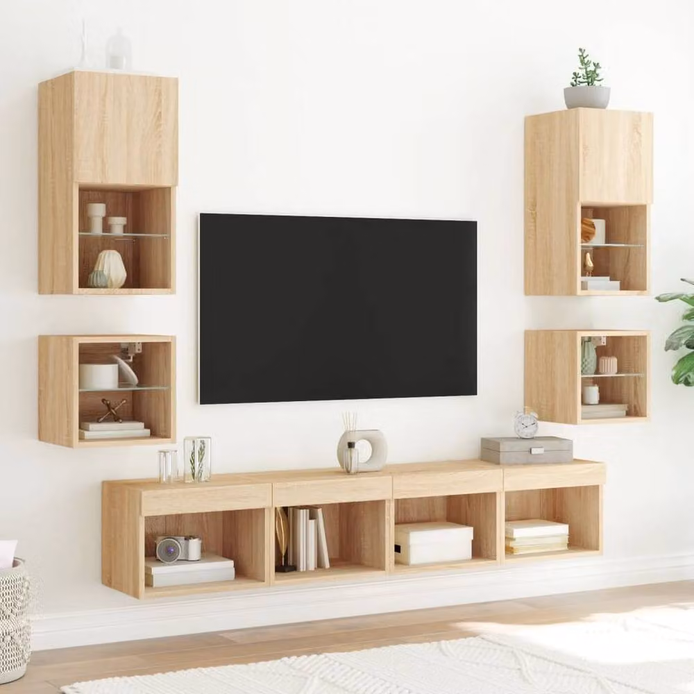 Berkfield Home TV Wall Cabinet with LED Lights in Sonoma Oak and Light Tan, W/D/H: 30 x 28.5 x 30 cm – 3