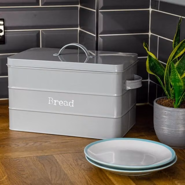 Harbour Housewares Airtight Metal Kitchen Bread Bin in Grey and Black