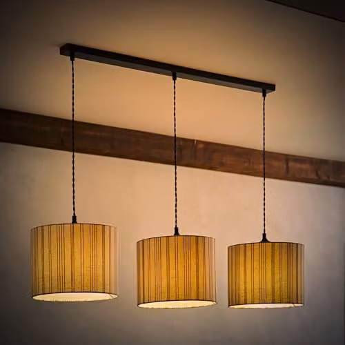 ValueLights Hallie 3-Drop Linen Stripe Drum Pendant Light with LED Bulb, Black and Beige – 2