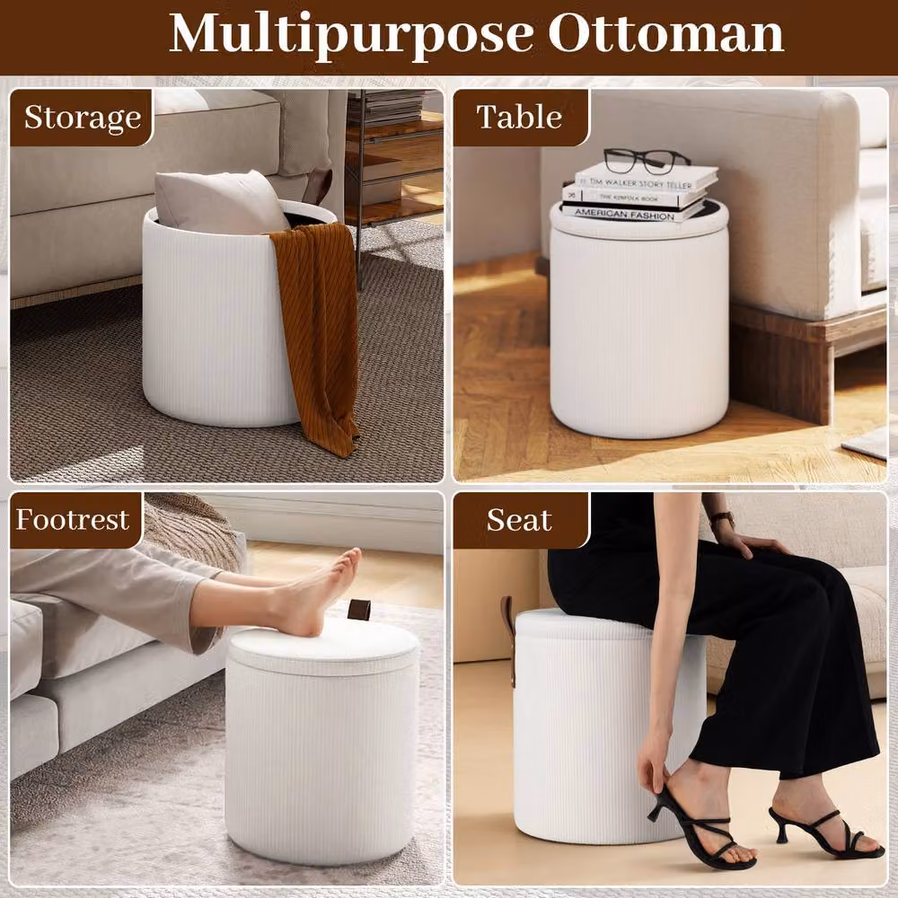 Costway Set of 2 Modern Round Upholstered Vanity Stools with Removable Lids in Beige – 4
