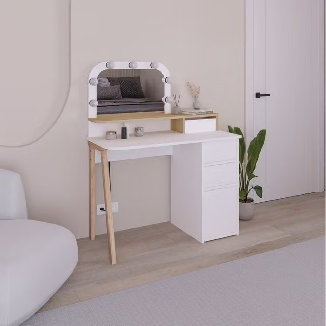 Decortie Avien Modern Dressing Table Set with Hollywood LED Mirror in White