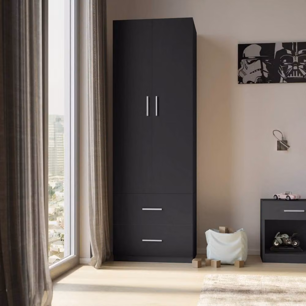 Kelvenix Black Wooden Compact Wardrobe with 2 Doors and 2 Drawers, H 180 x W 60 x D 46.5 cm – 2