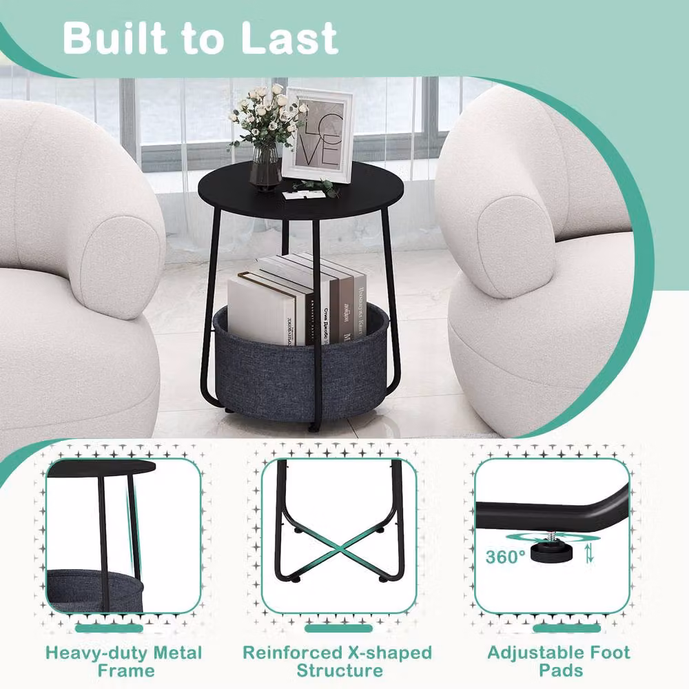 Gymax Modern 2-Tier Round End Table with Fabric Basket in Black – 7