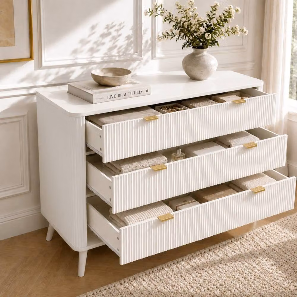 Merax 3 Drawer Chest of Drawers in Cream with Gold Tone Handles and Solid Wood Legs – 2