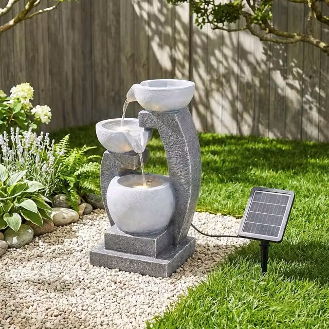 Breeins Solar Water Fountain Cascade Garden Feature in Grey Stone Effect